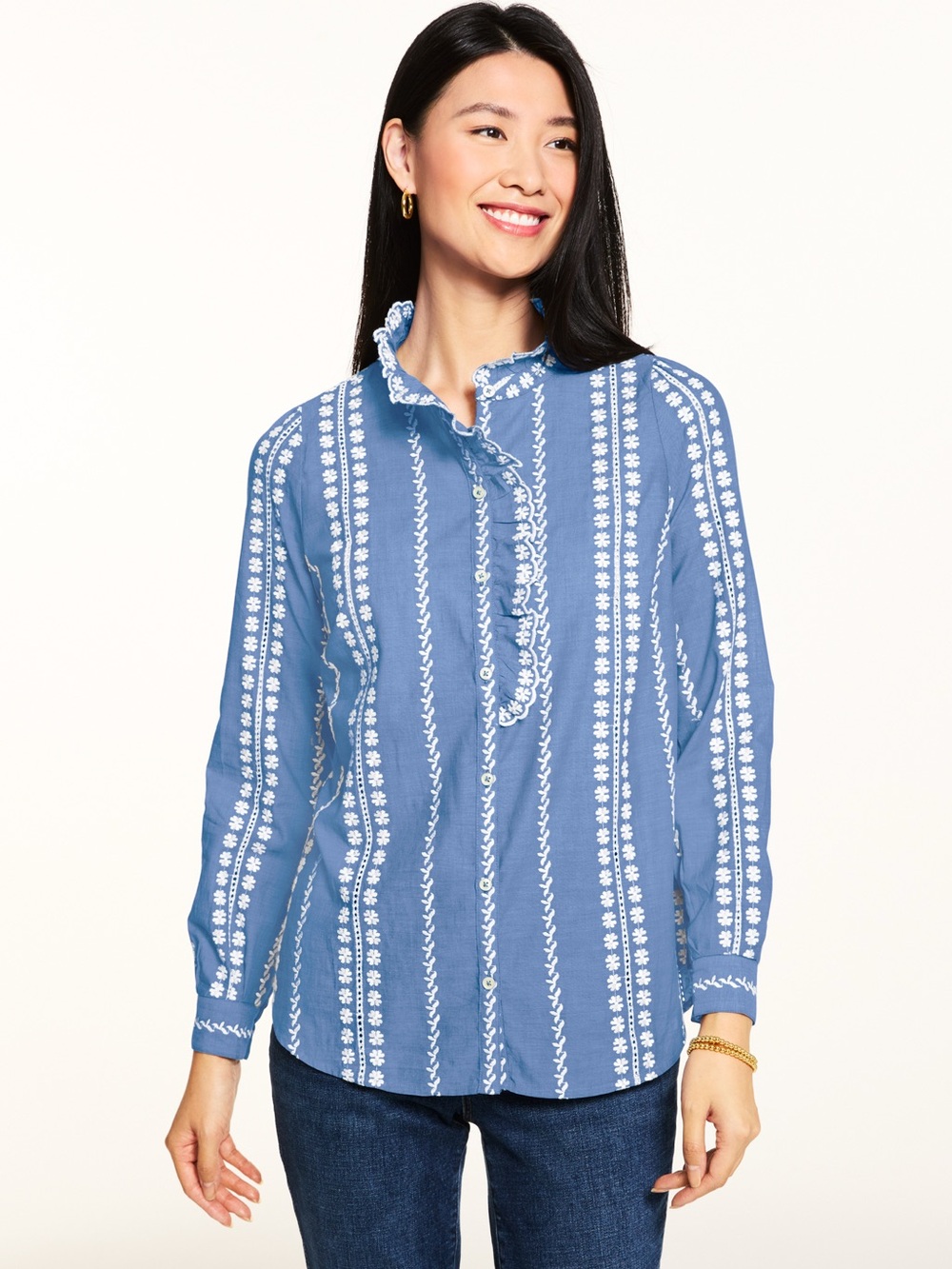Talbots Embroidered Ruffle-Collar Blouse Women’s Size M Chambray Button Front